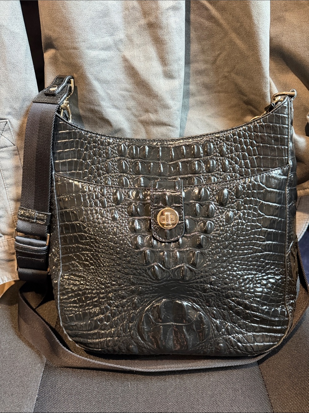 Brahmin Black Croc-Embossed Leather Crossbody